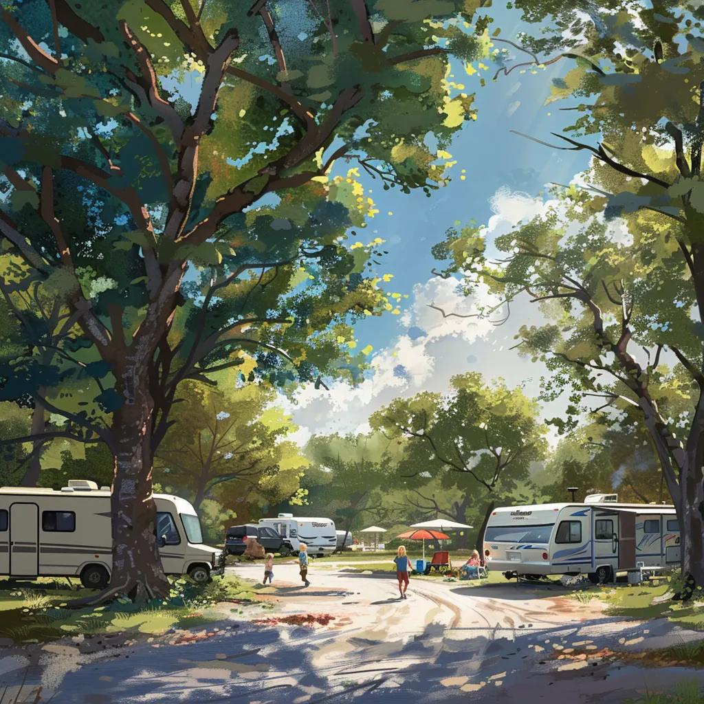 The Oaks Campground with RVs and tents — family-friendly access to biking and camping