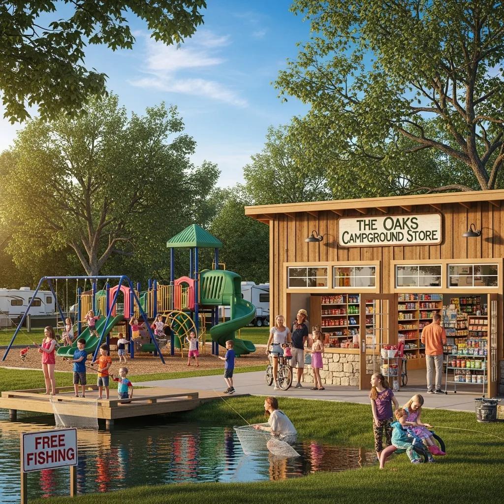 Fishing pond and playground amenities at The Oaks Campground for family fun