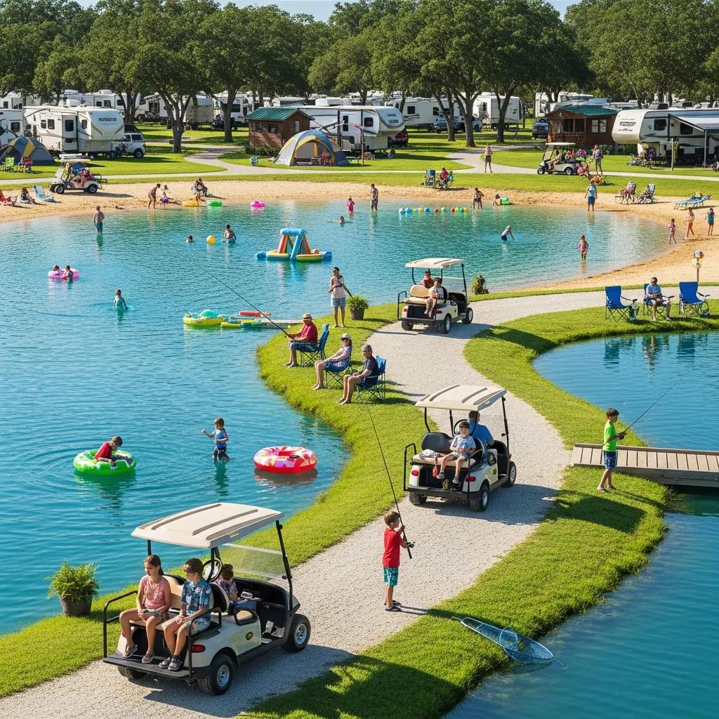 The Oaks Campground amenities: swimming lake, fishing pond, and golf-cart-friendly trails