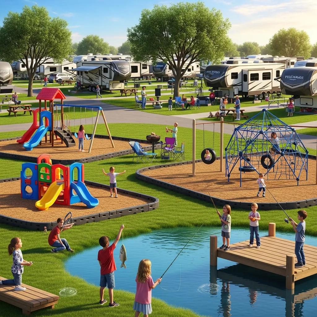 The Oaks Campground amenities — fishing pond and playground