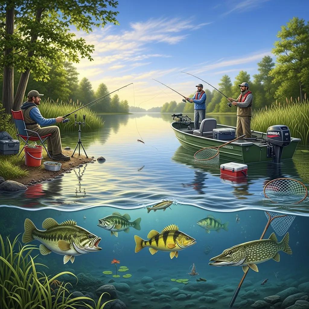 Anglers casting from shore on a quiet Michigan lake