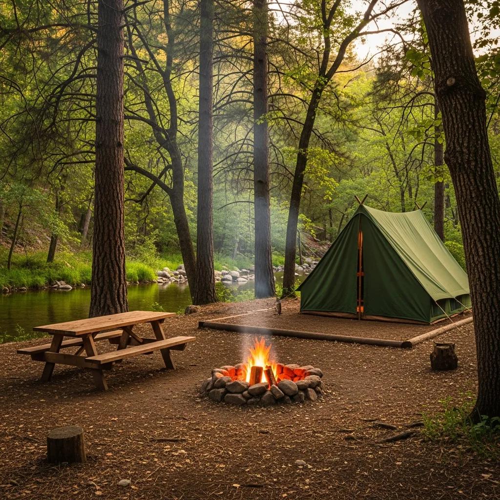 A simple campsite with tent, picnic table, and campfire ring