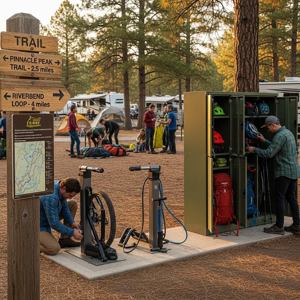 Campground amenities that help trail users: clear signage, bike repair stands, and people preparing for a day outside