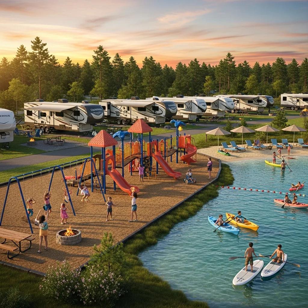 Typical campground amenities: RV sites, a swimming lake, playgrounds and trails near Portage Lake