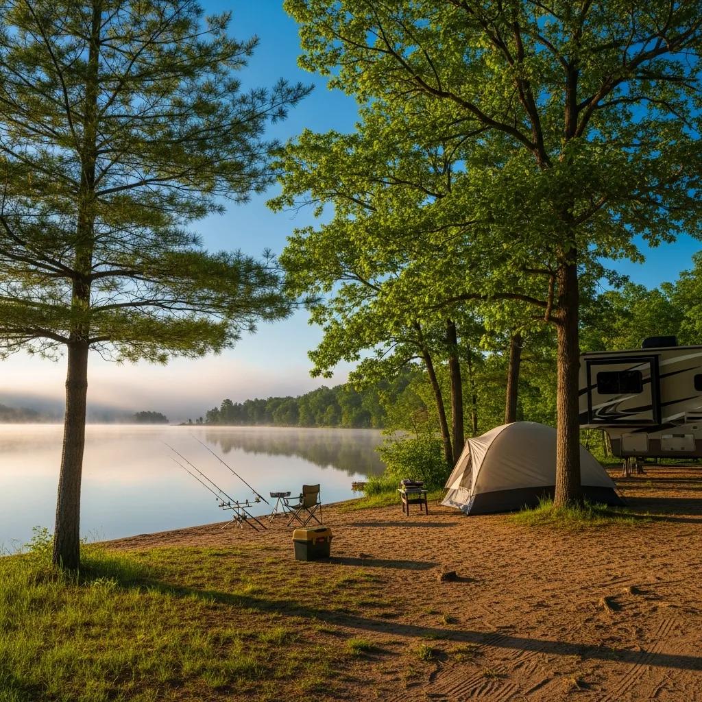 Camping and RVing setup by a Michigan lake, highlighting fishing opportunities