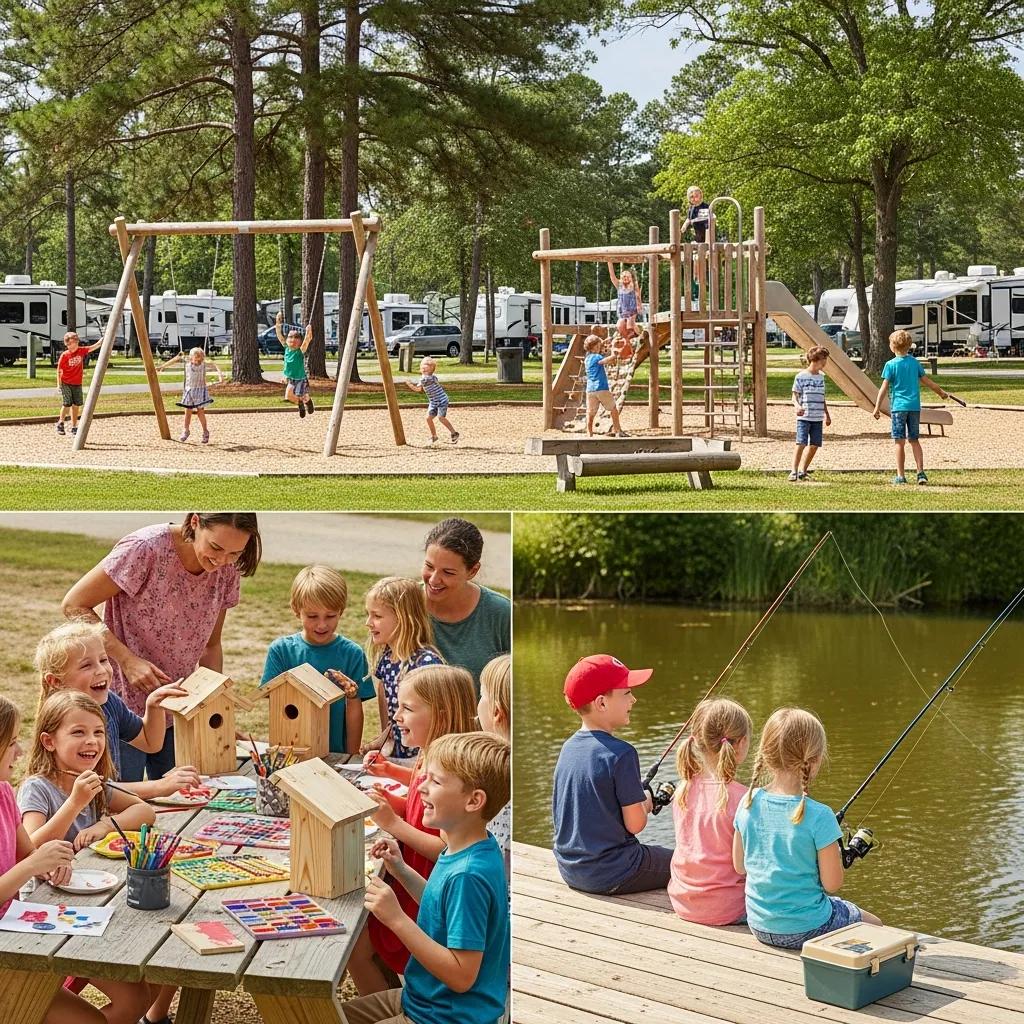 Kids playing on swings and families enjoying campground activities in Michigan