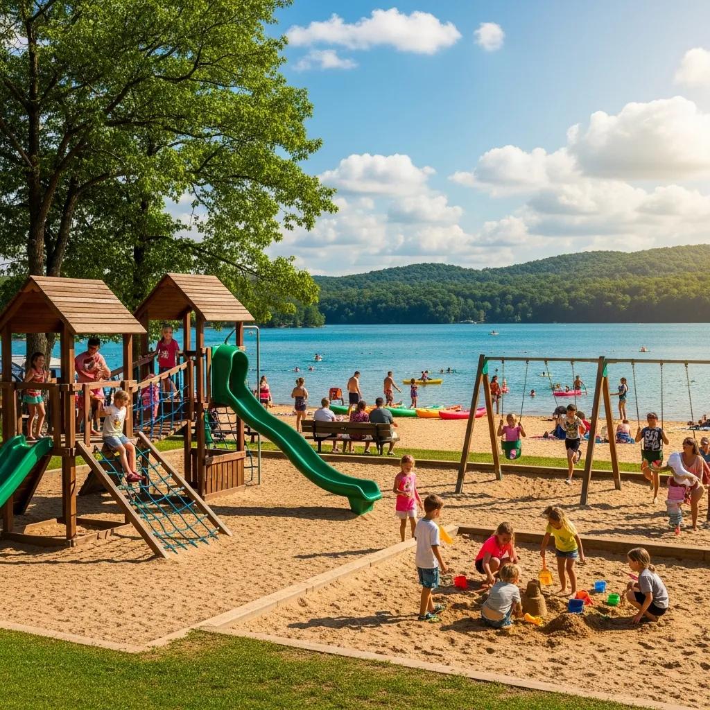 Kids playing at a playground beside a swimming lake at The Oaks Campground