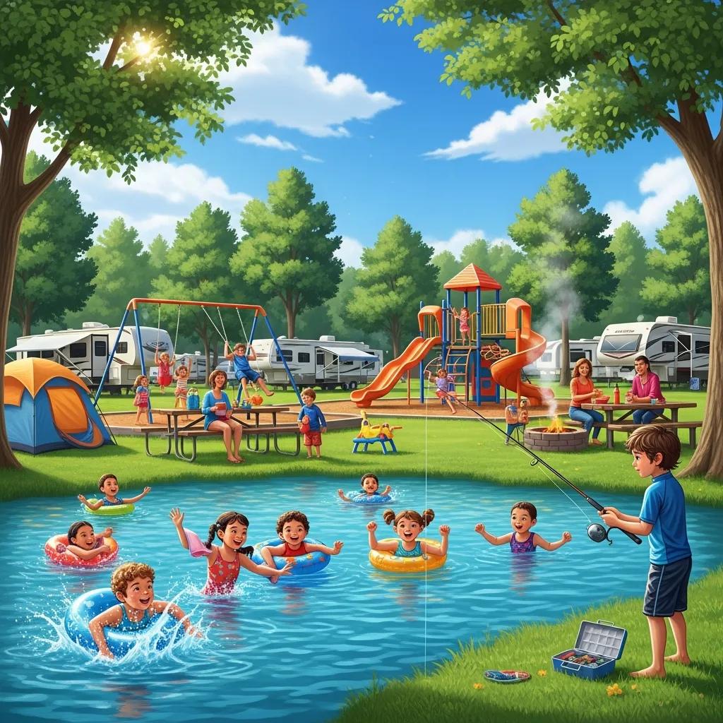Children swimming, fishing, and playing on playgrounds at a campground near Waterloo