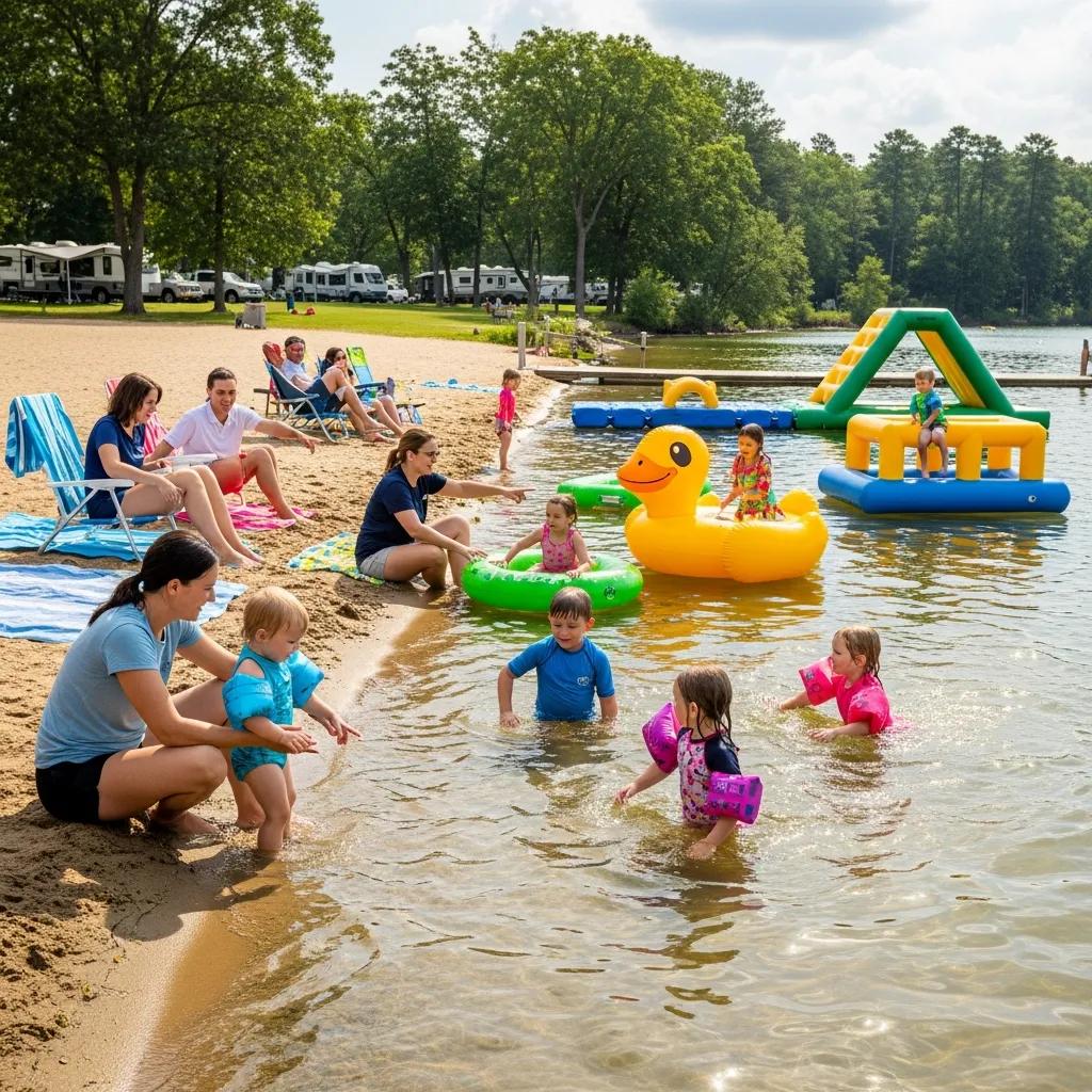 Kids enjoying water play at a campground beach with inflatables and sand