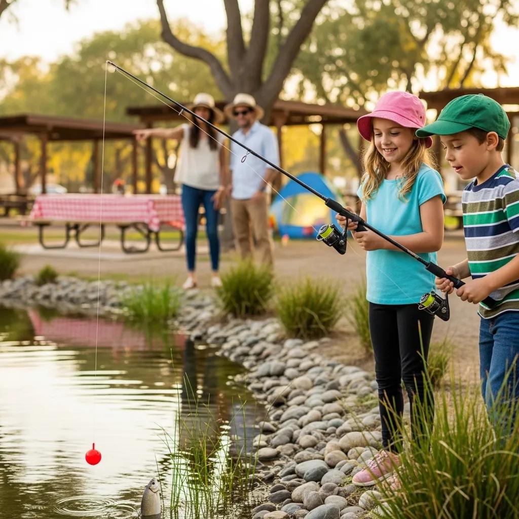 Kids fishing at a calm private pond in a family-friendly campground