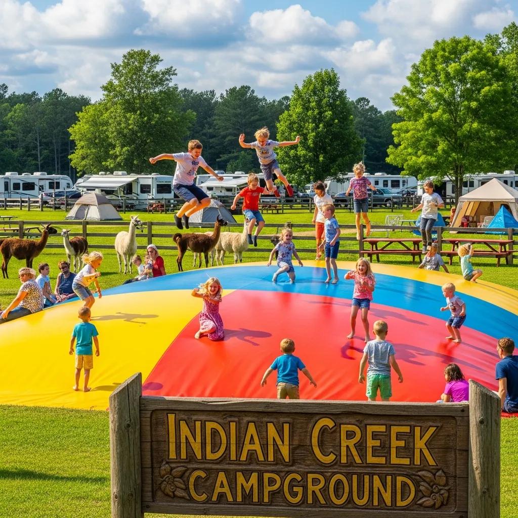 Children enjoying a jumping pillow with friendly animals nearby at Indian Creek Campground