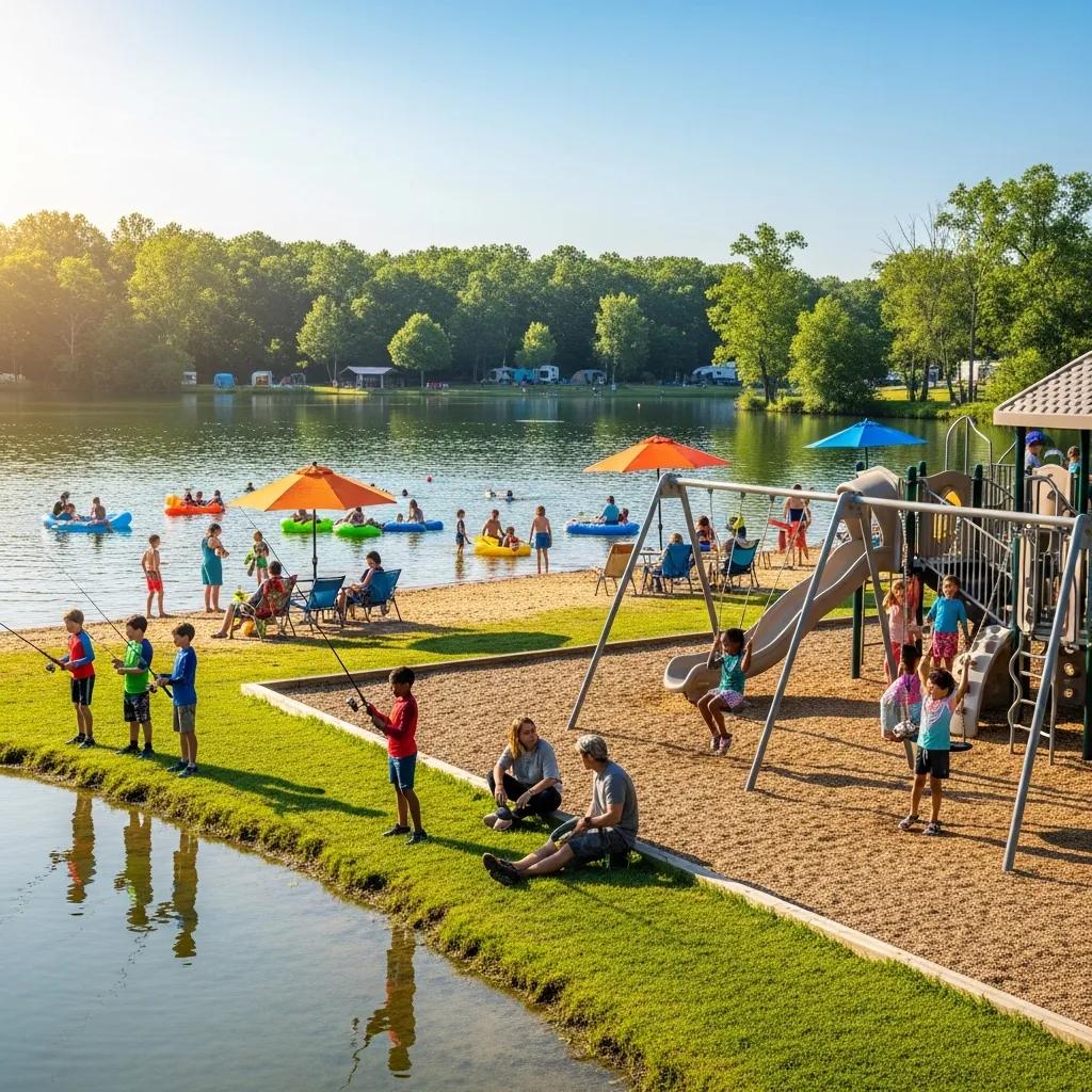 Kids swimming and playing on the playground during a family visit to The Oaks Campground