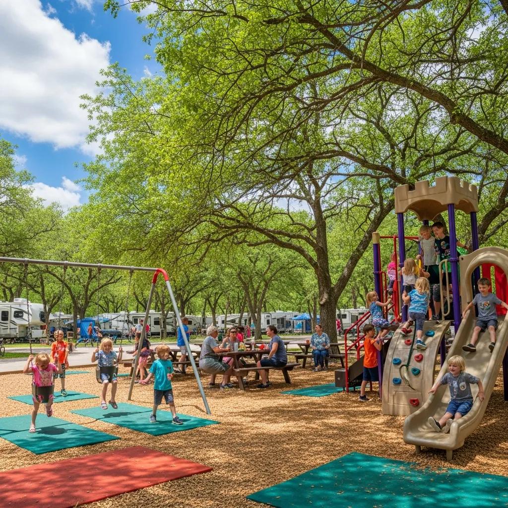 Kids playing on a safe campground playground under shaded trees