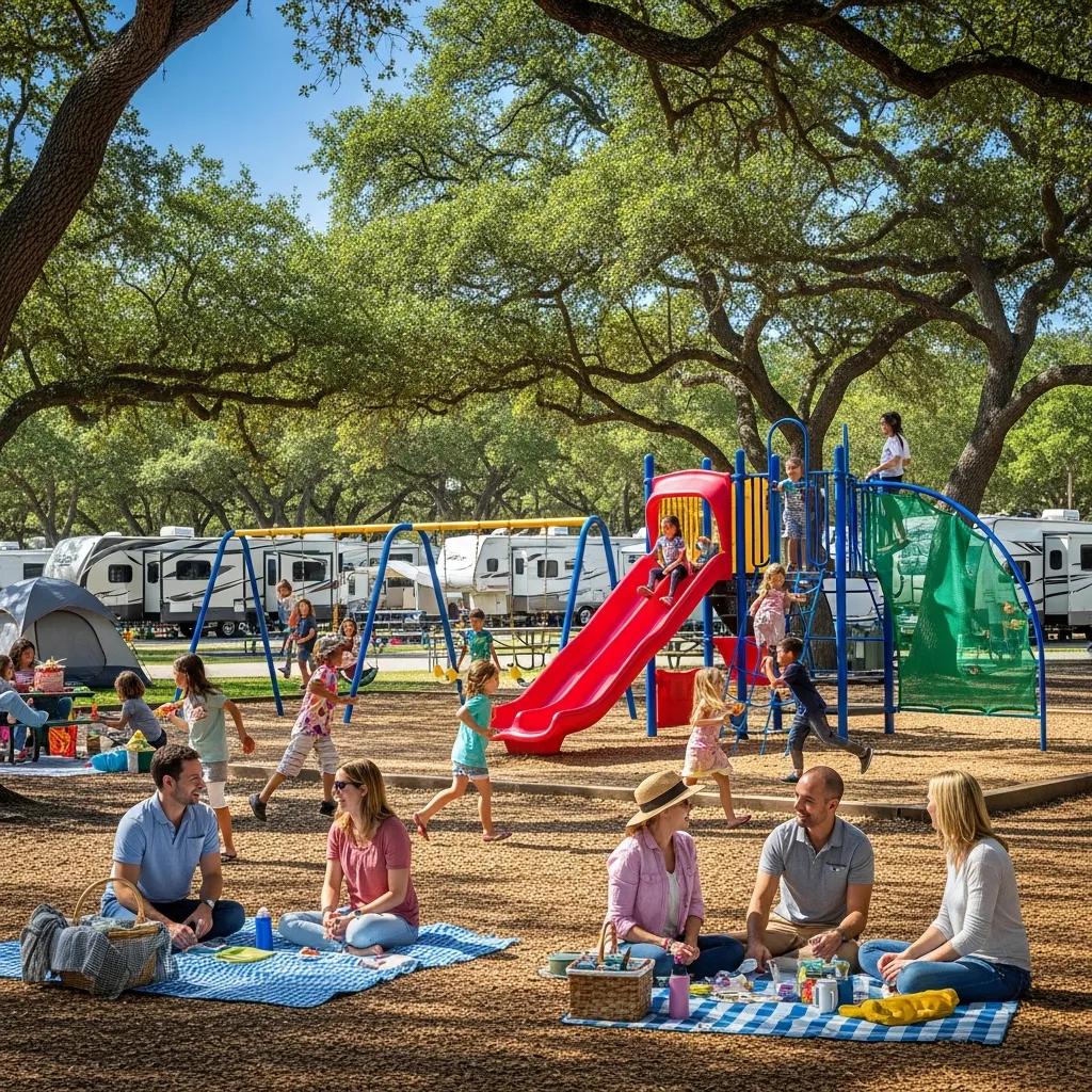 Children playing at a playground at The Oaks Campground, showing family-friendly amenities
