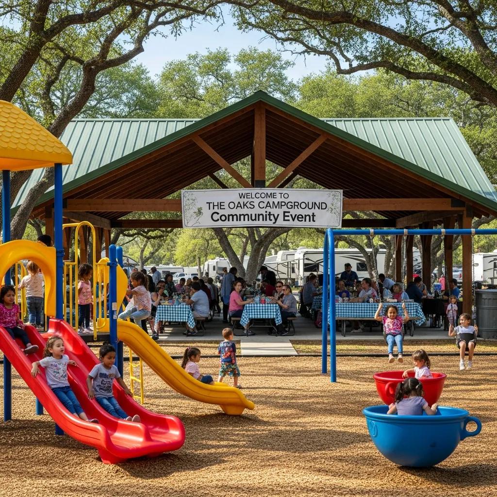 Children enjoying a playground at The Oaks with families nearby