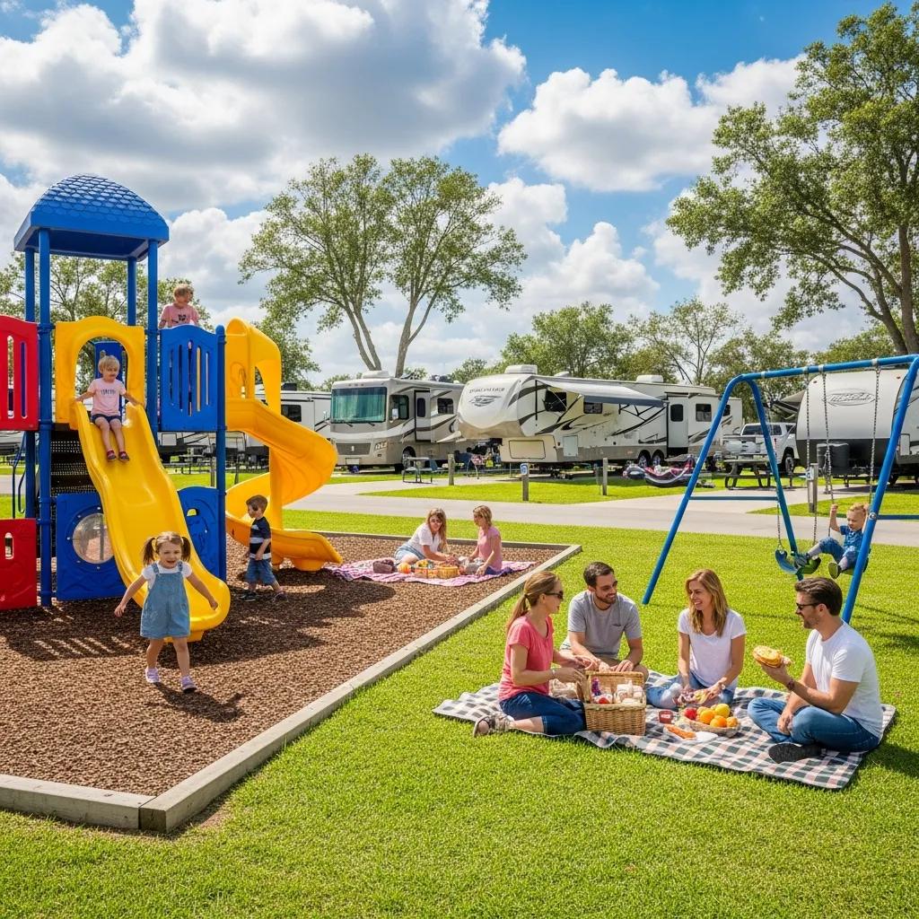 Kids playing on a playground at a family-focused campground