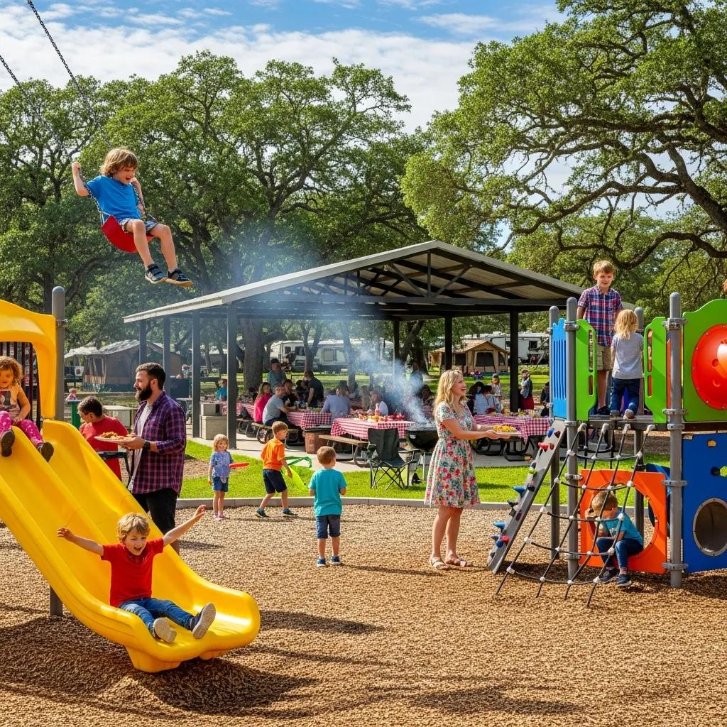 Kids playing on a playground at The Oaks Campground while families enjoy group activities