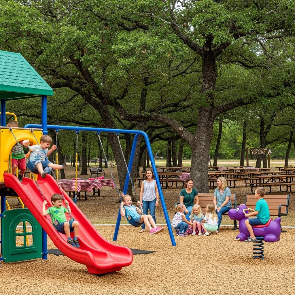 Children playing on a colorful playground at a family-friendly campground near Waterloo, with parents nearby