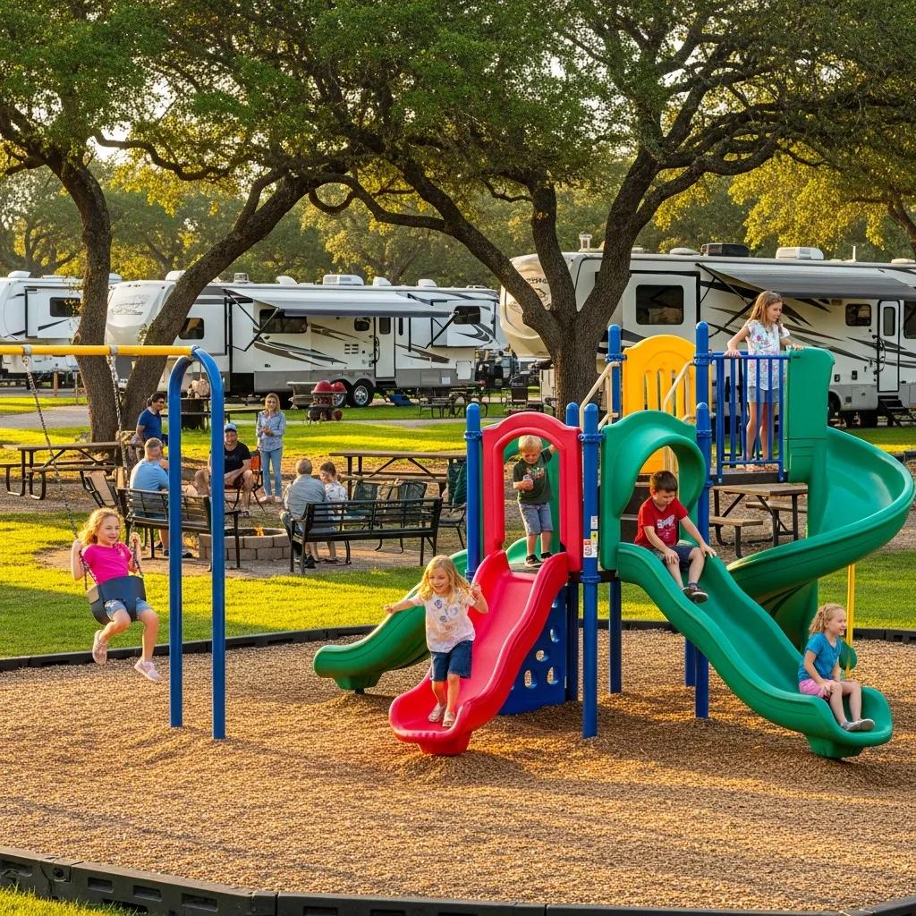 Children playing on a playground at a family-friendly RV park