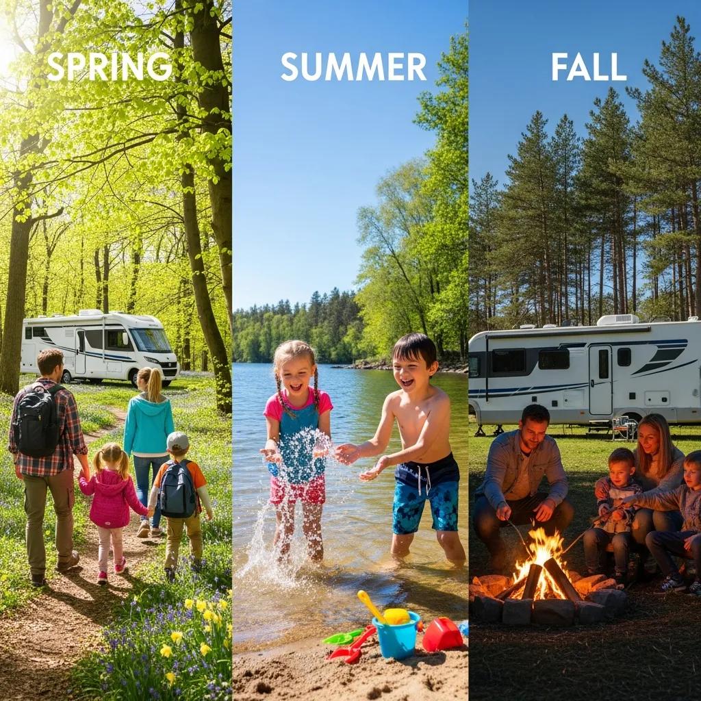 Seasonal collage of family RV camping activities in spring, summer, and fall