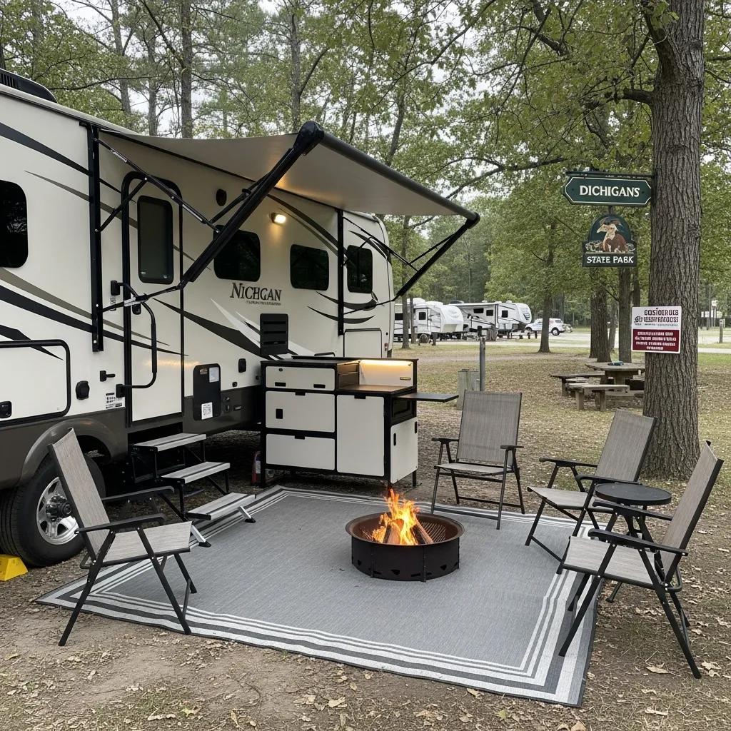 RV parked at a comfortable campsite near Michigan state park trails and lakes