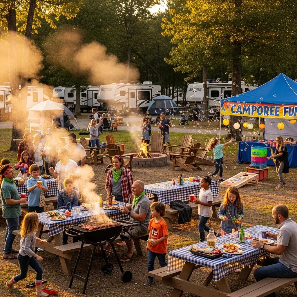 Campground community gathering with families sharing food and games outdoors