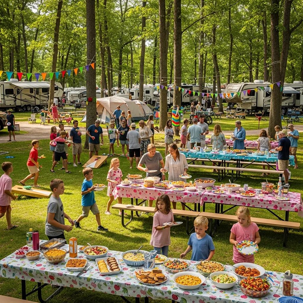 Families at a campground event enjoying activities and potluck