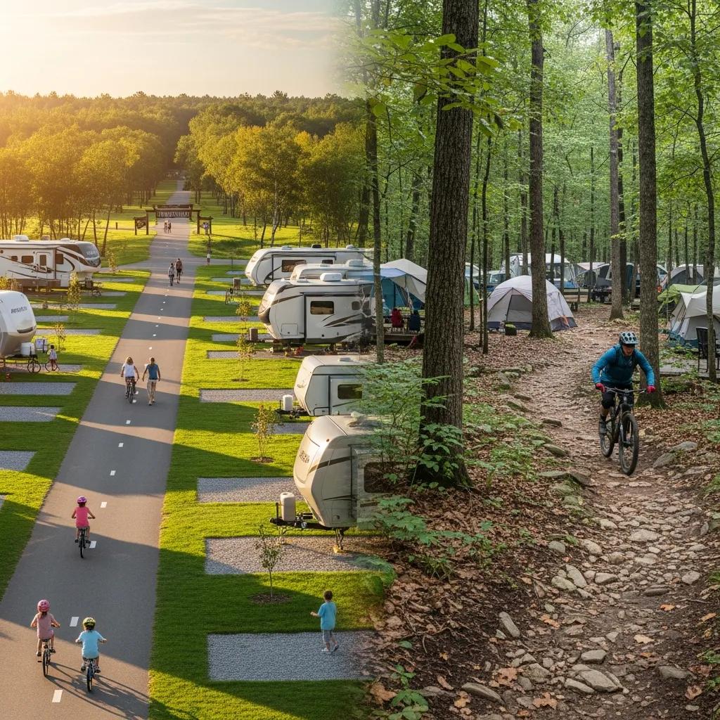 Side-by-side visuals showing trail access near RV parks versus traditional campgrounds in Michigan