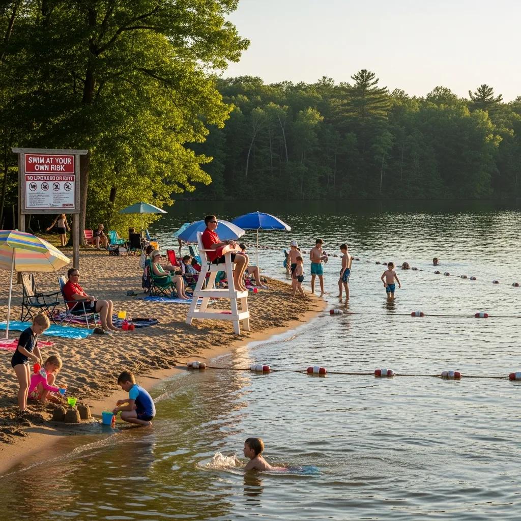 Designated swimming area at a campground lake with families and safety markers
