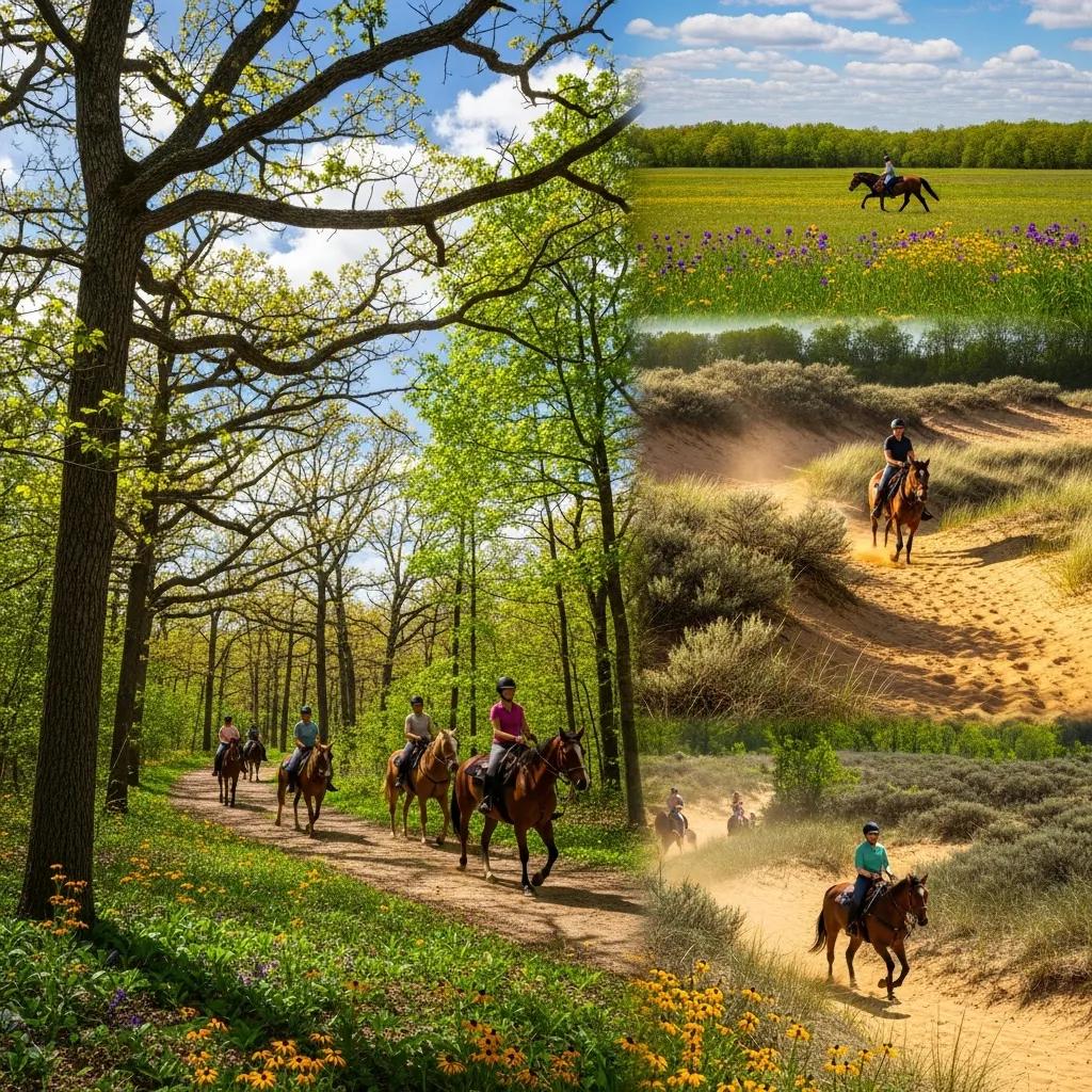 Horseback riders on mixed terrain trails — woods, fields, and sandy stretches in Michigan