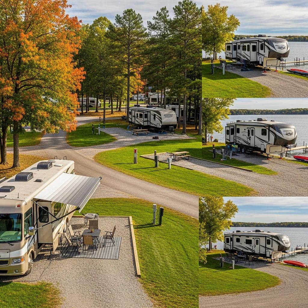 Variety of seasonal RV sites in Michigan showing pull-through, back-in, and waterfront options