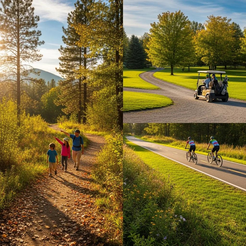 Varied campground trails for hiking, mountain biking, paved paths, and golf cart loops