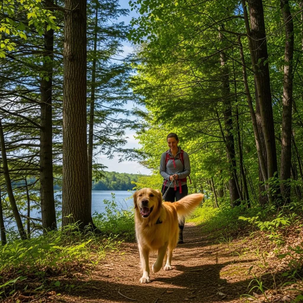 A dog and owner walking a shady hiking trail in Michigan