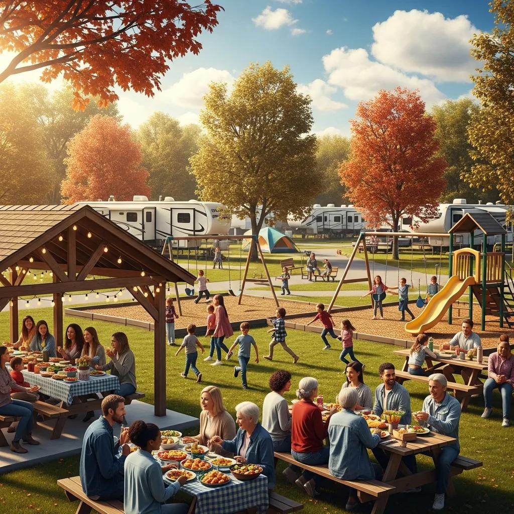 Families enjoying shared activities at a seasonal campground with playgrounds and gathering spaces