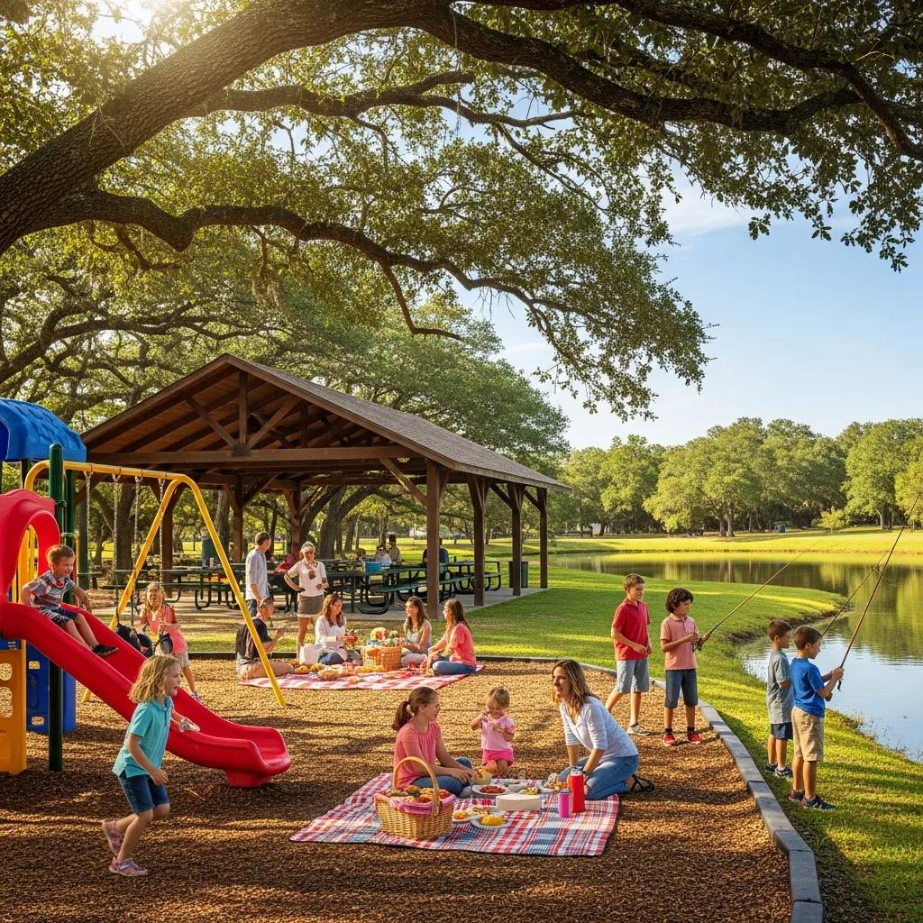 Families enjoying playgrounds, fishing, and lakeside time at The Oaks Campground