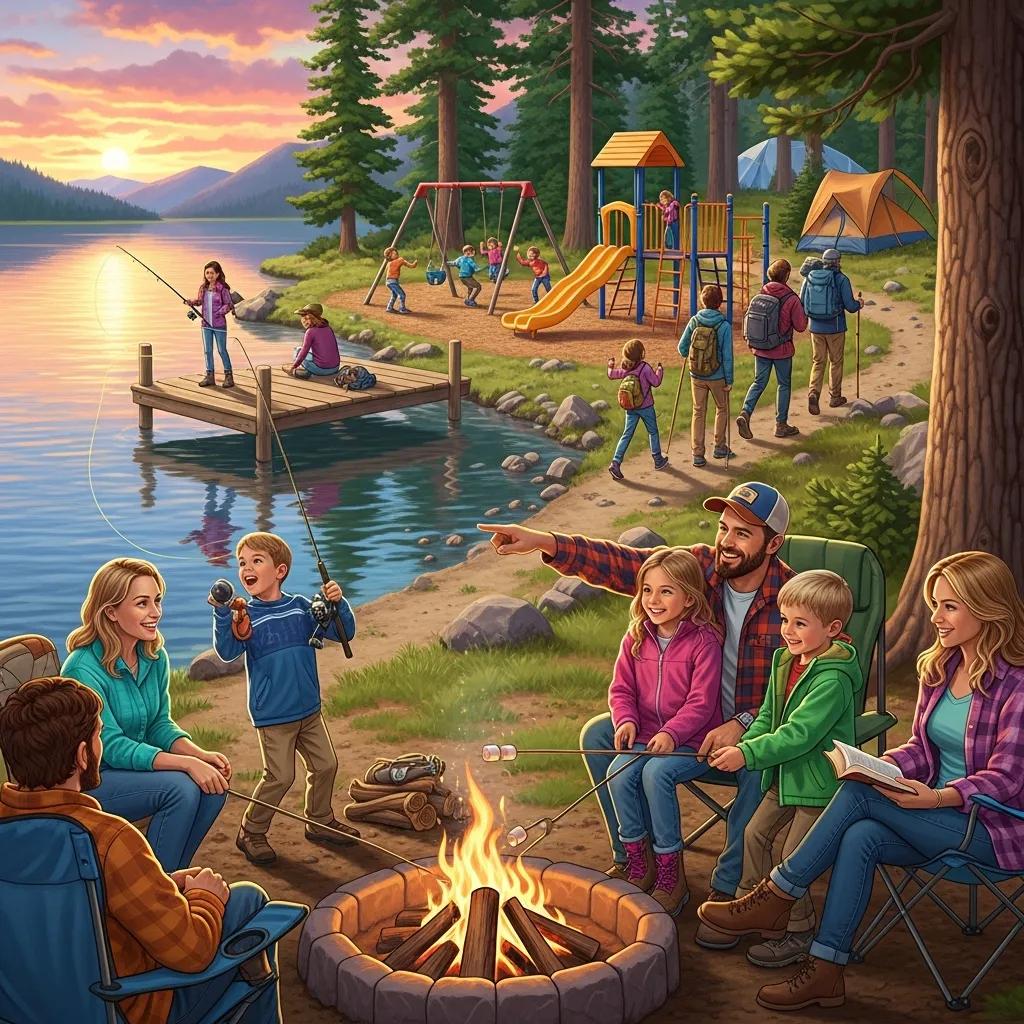 Families fishing, hiking, and playing at a lakeside campground