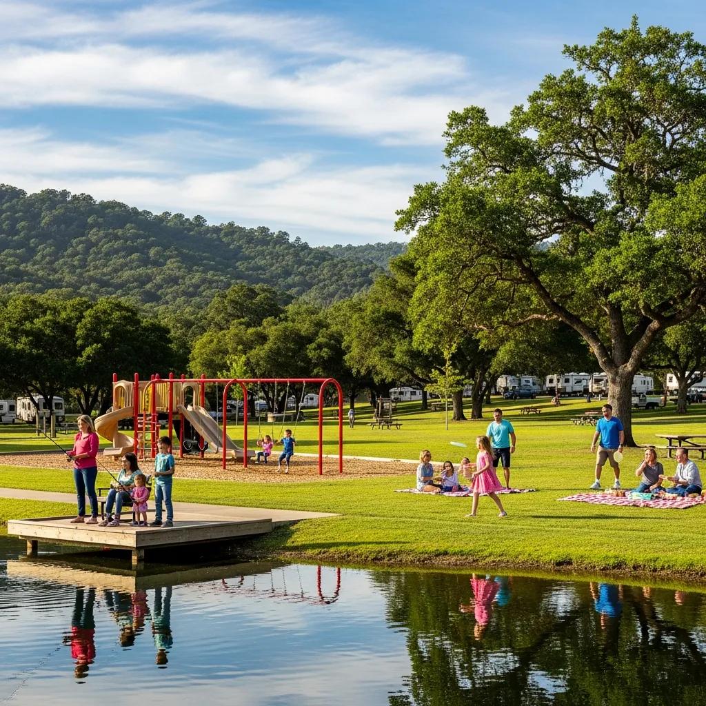 Families enjoying non‑swimming activities at The Oaks: fishing, playgrounds, and picnics on the grass