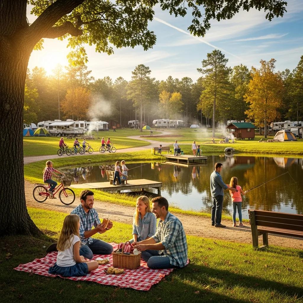 Families taking part in fishing and biking at a seasonal campground