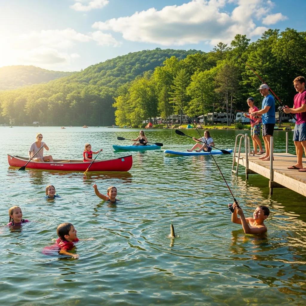 Families swimming, fishing, and paddling at a family-friendly campground near Jackson, Michigan