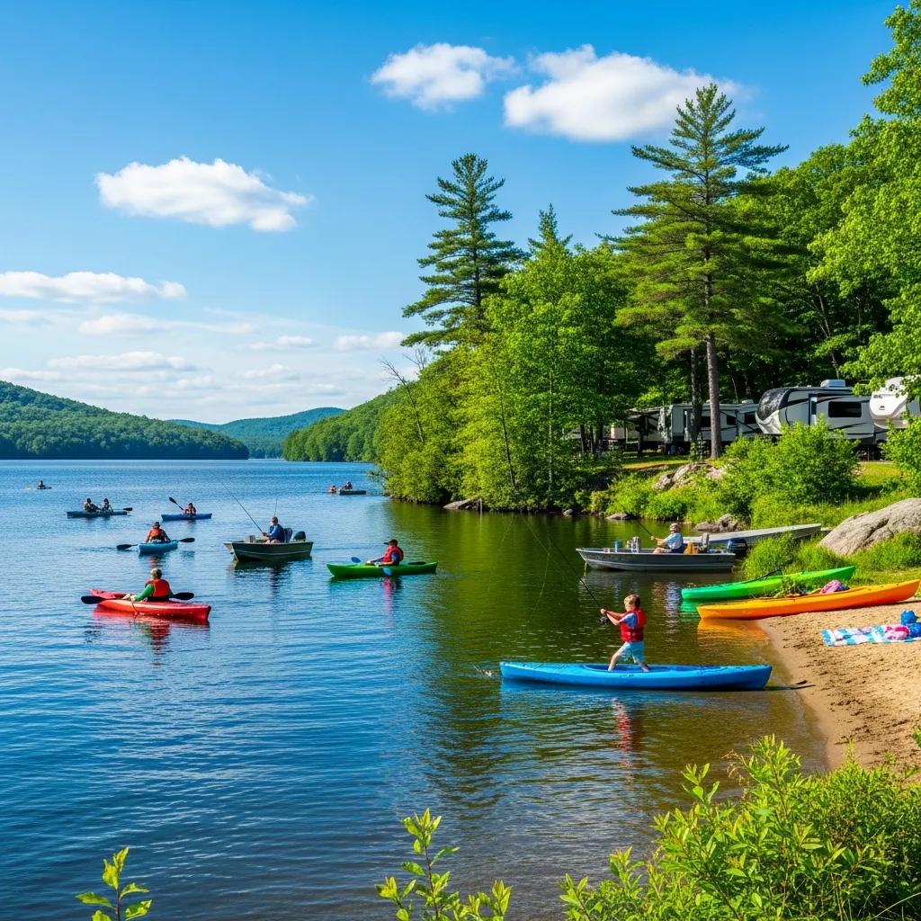 Kayak and fishing gear by a calm lake shore at Portage Lake