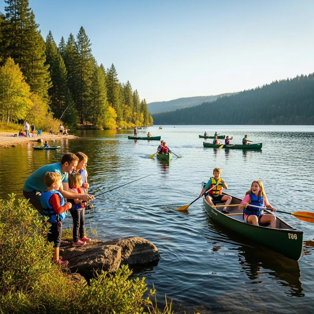 Families paddling and fishing near Portage Lake — canoe and shoreline activities