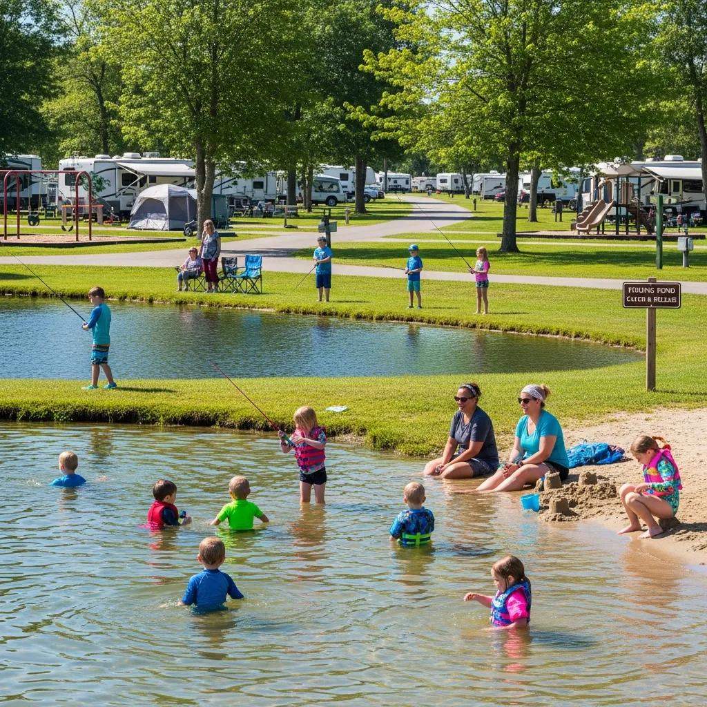 Parents and children enjoying swimming and fishing near a family-friendly lake