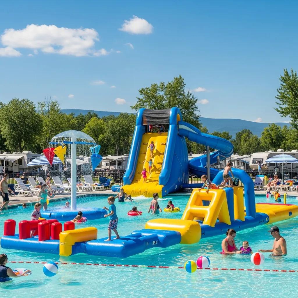Families playing on an inflatable water obstacle course and slides at a campground