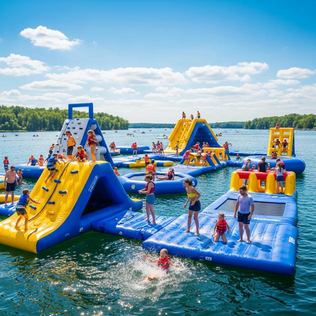 Kids playing on an inflatable water course at a family campground near Fort Wayne