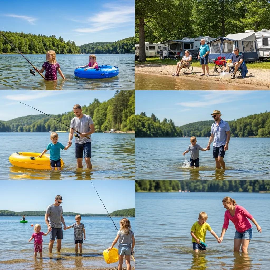 Families enjoying a fun camping experience at a lake near Waterloo State Park