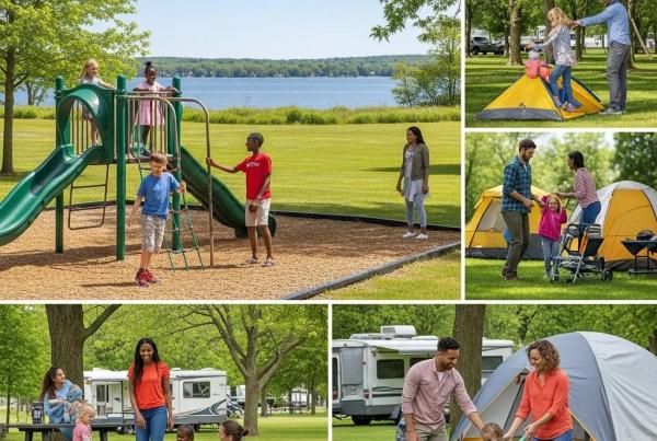 Families enjoying a fun day at a campground near Ann Arbor, featuring children playing and a scenic lake view