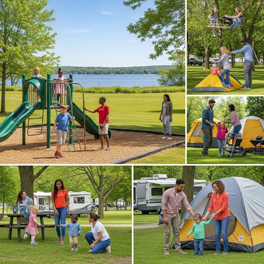 Families enjoying a fun day at a campground near Ann Arbor, featuring children playing and a scenic lake view