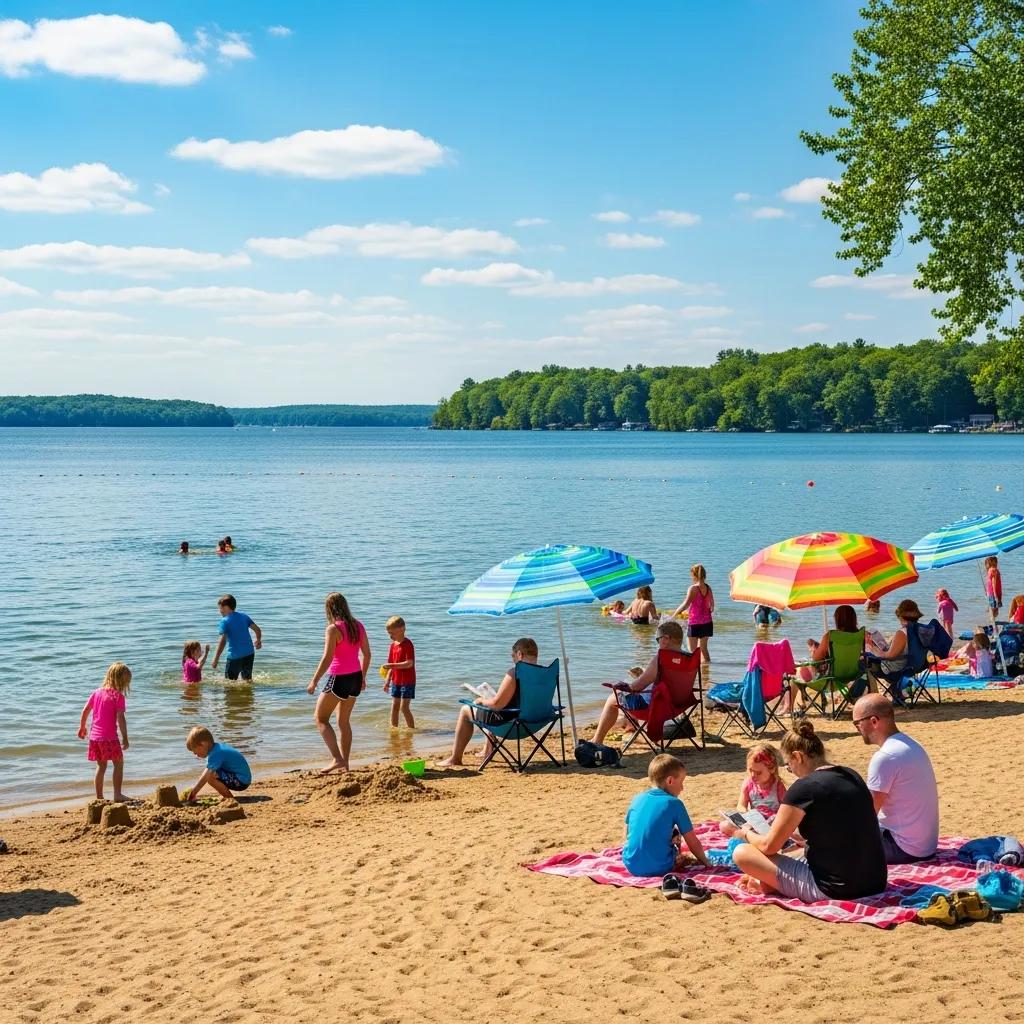 Families enjoying a sunny day at a swimming campground near Portage Lake, highlighting beach activities and relaxation