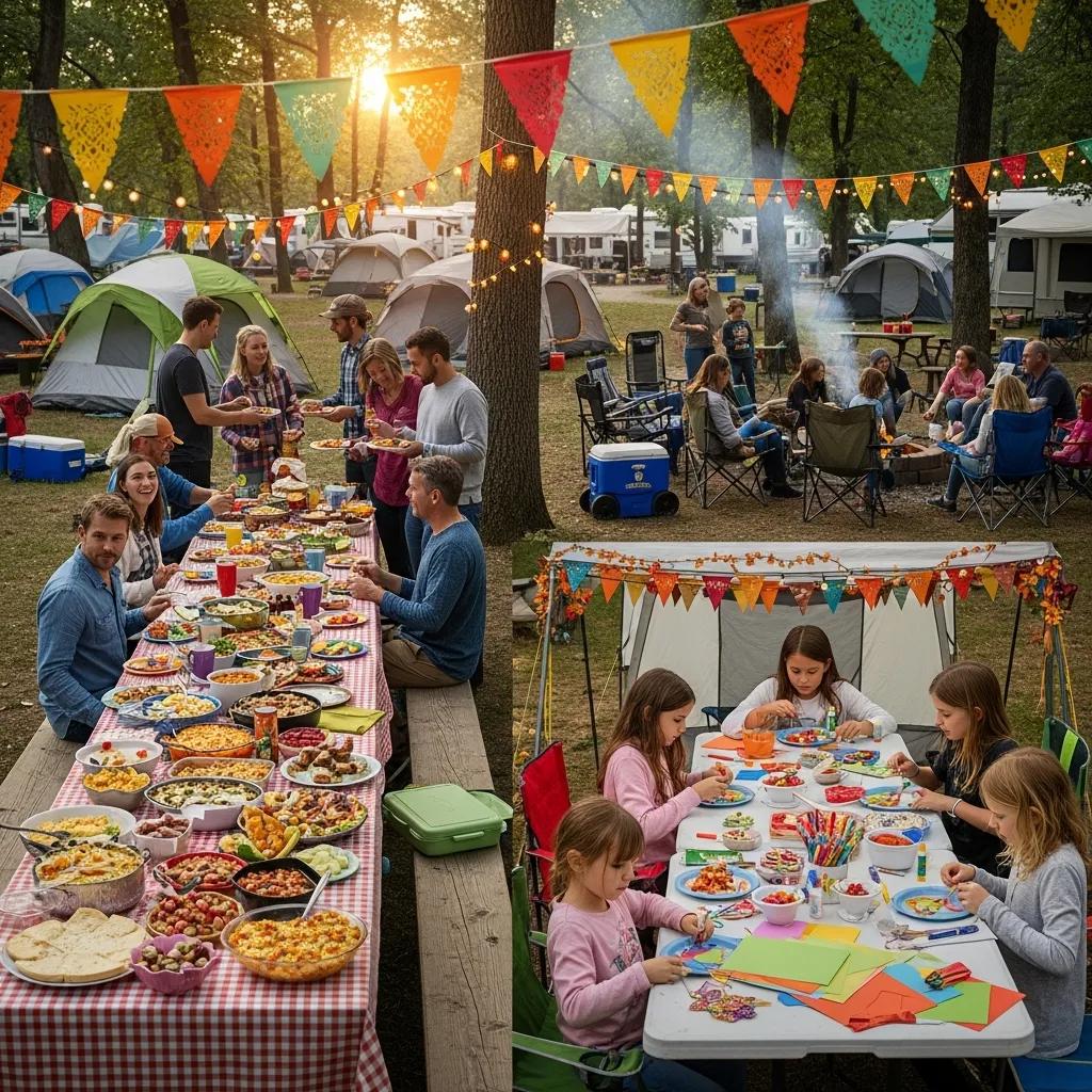 Families enjoying a themed weekend at The Oaks with potluck and crafts