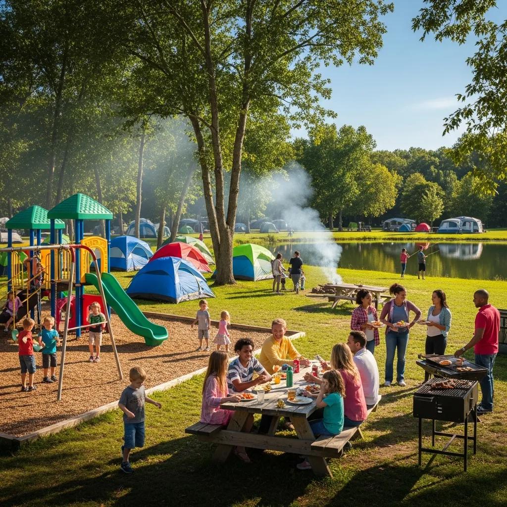 Kids playing near a playground and fishing pond at a family campground